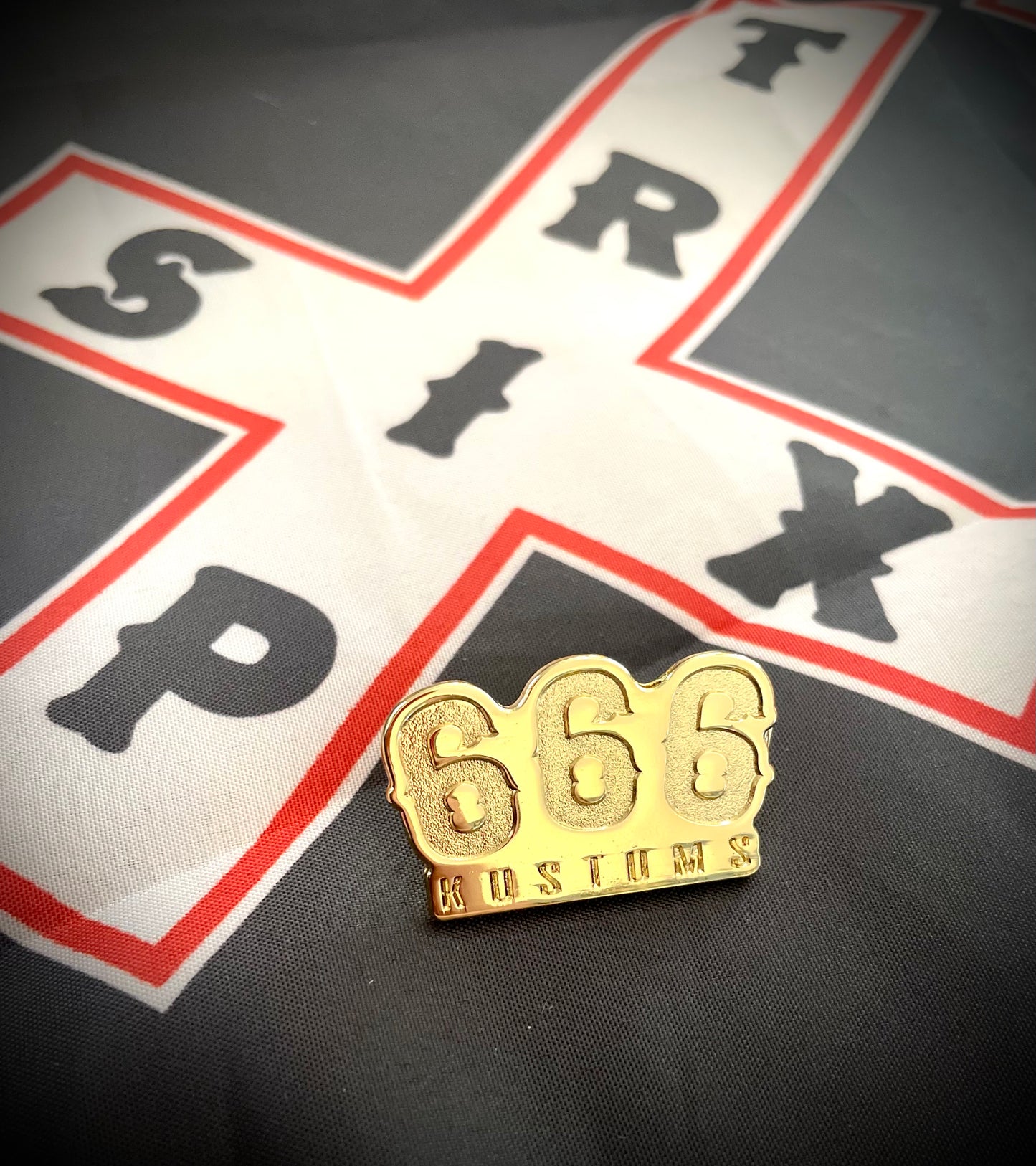 666 Kustoms gold die cut pin 1.5inch